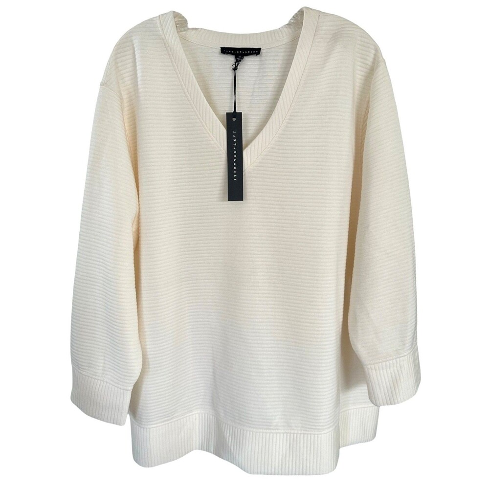 Jane & Delancey Women's V-Neck Striped Sweater Top Plus Size 1X Ivory